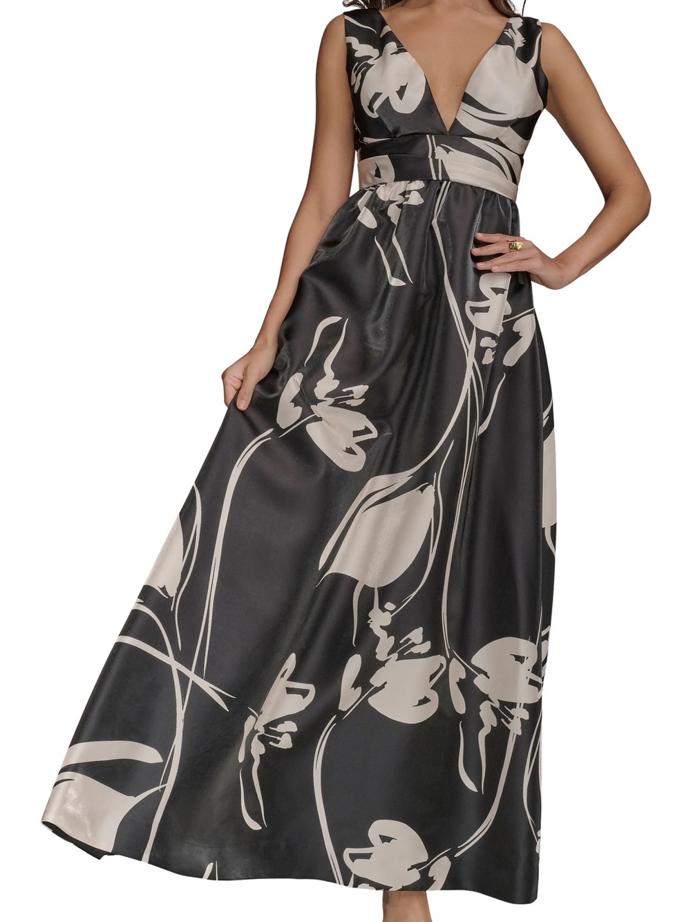 Donna Karan Black Maxi Dress with Cream Floral Motif